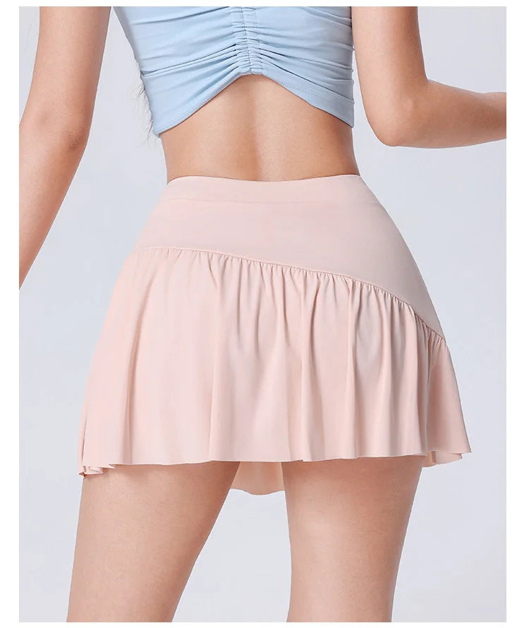 Women High Waist Asymmetrical Tennis Skirt Built-in Shorts Quick Dry Breathable Workout Running Sports Mini Skort
