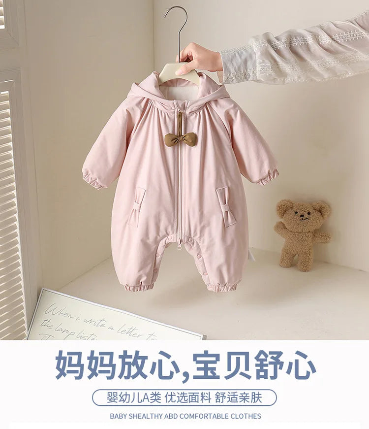 Winter Rompers Baby Girls Clothes Korean Fashion Pink Cute Hooded Bow Warm Thicker Jumpsuit Infant Costume Newborn Items B383