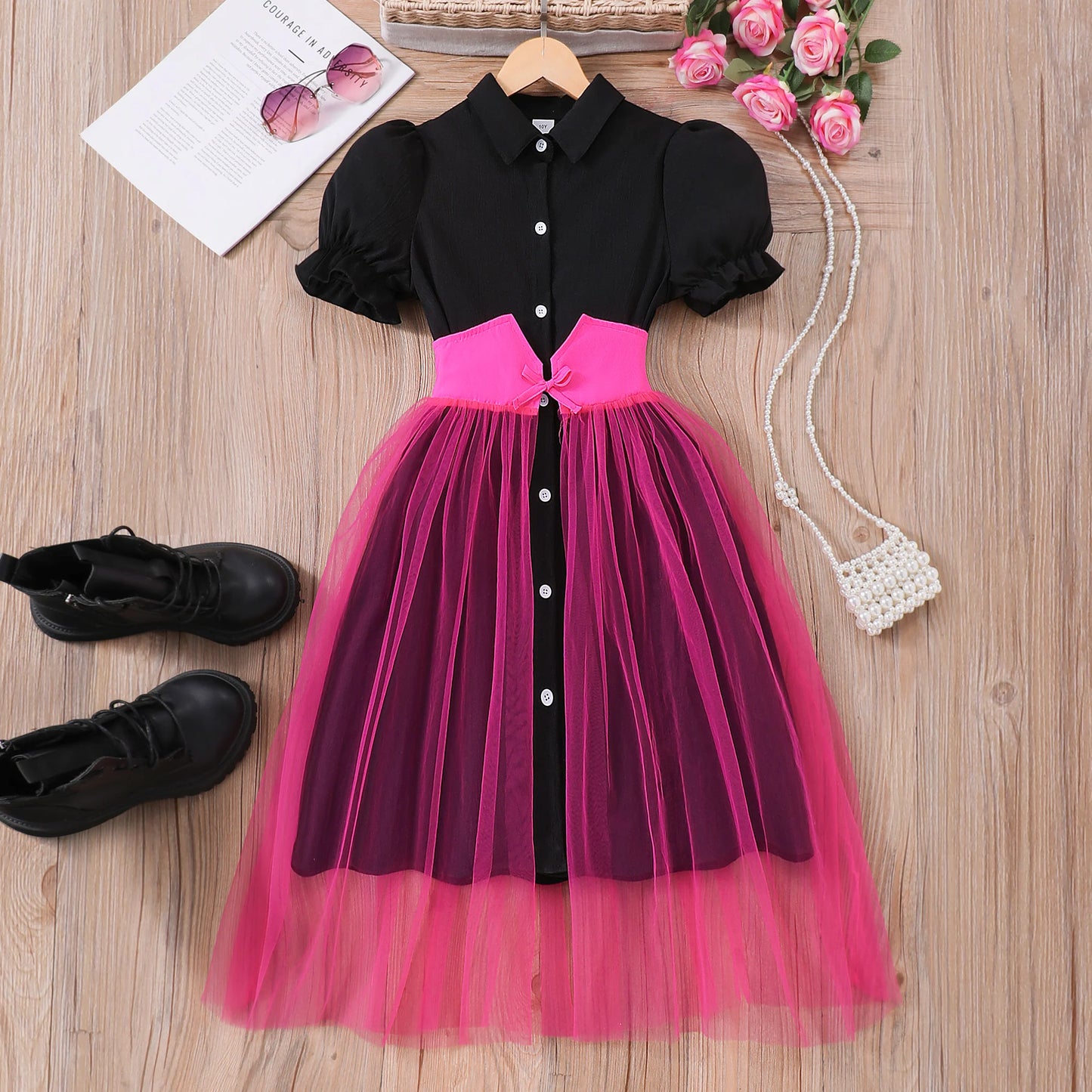 Teen Girl Dress Summer Black Retro Short Sleeve Children Dresses Fashion Girl Costume Party Big KIds Outfit 7 8 9 10 11 12Yrs