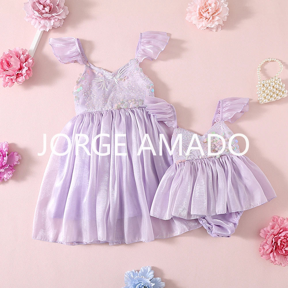 New Summer Sister Girl Matching Romper Dress Short Sling Sleeves Big Bow Bodysuit Sequined Princess Dresses Twins Clothing H1518