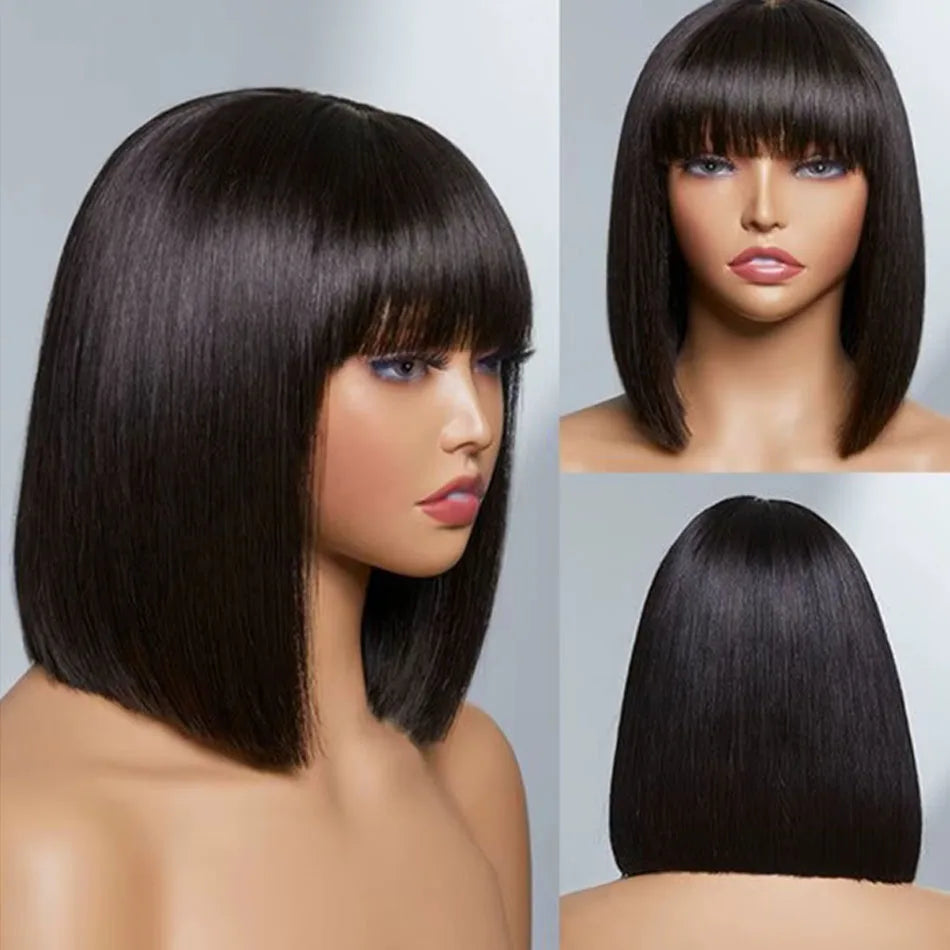 Straight Human Hair Wigs With Bangs Fringe 3X1 Part Lace Bob Wigs Realistic Scalp Brazilian Straight Virgin Bob Wigs With Bangs