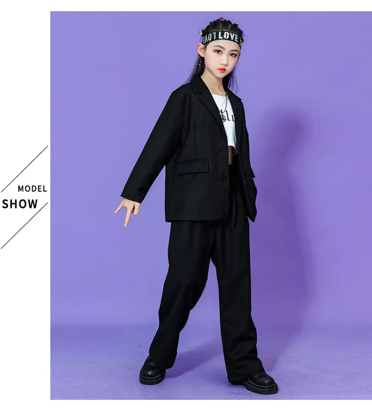 Kids Hip Hop Dance Costume Boys Girls Blazer Pants Set Streetwear Outfit for Stage Performance Competition Jazz Dance Photoshoot