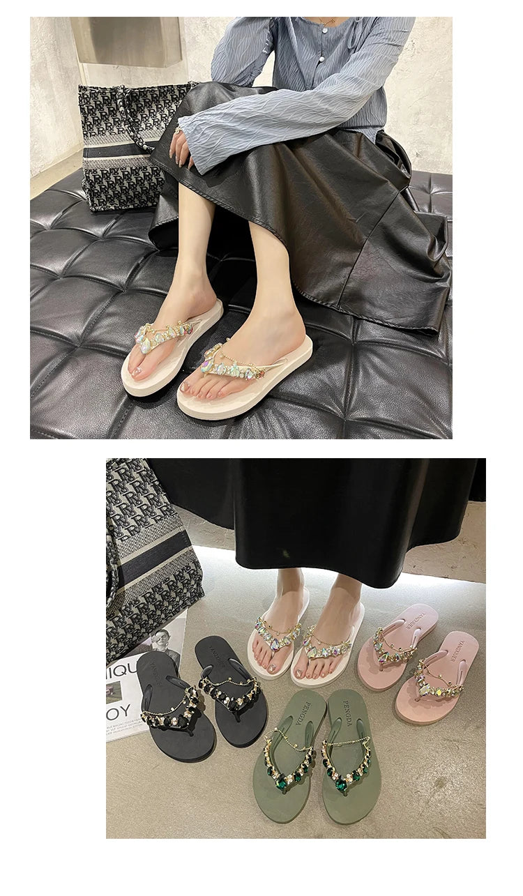 Rhinestone Chain Summer Flip Flops Sandals Women Comfortable Beach Shoes Non-slip Soft Bottom Casual 5cm Heels Wedges Slippers