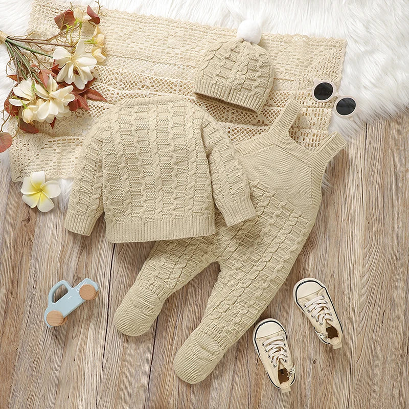 Newborn Baby Clothes Set Knitted Toddler Sweater +Jumpsuit Hat Sleeveless 3pcs Attire Infant Boys Girls Cardigan+Romper Cap 0-9M
