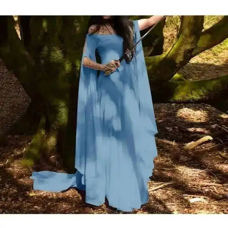 Cos Halloween Costume Women Dress Medieval Dresses Party Long Sleeve Round Neck Belt Women's Dress