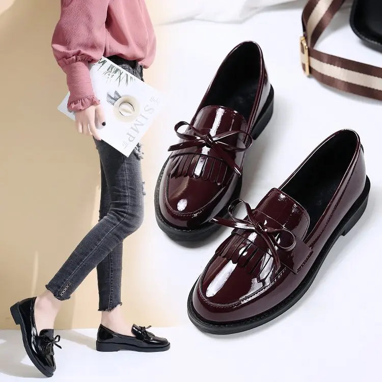 Black Patent Leather Women's Loafers Platform Slip on Shoes for Women 2025 New Spring British Tassel Casual Flats Shoes Woman