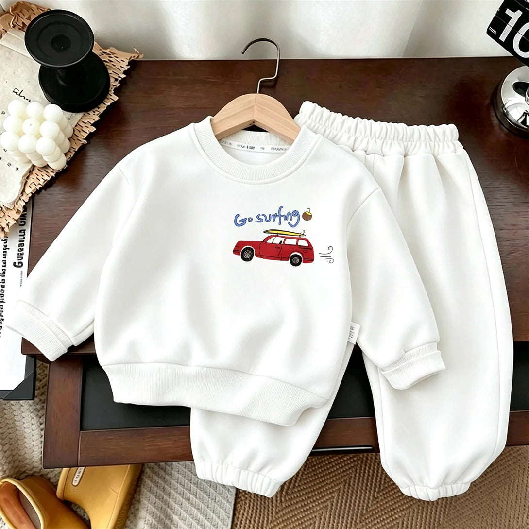 Autumn Costume Long-sleeved Outfits Kids Round Neck Sweatshirts Solid Color Pants 2pcs Toddler New Printed Hoodie Trousers