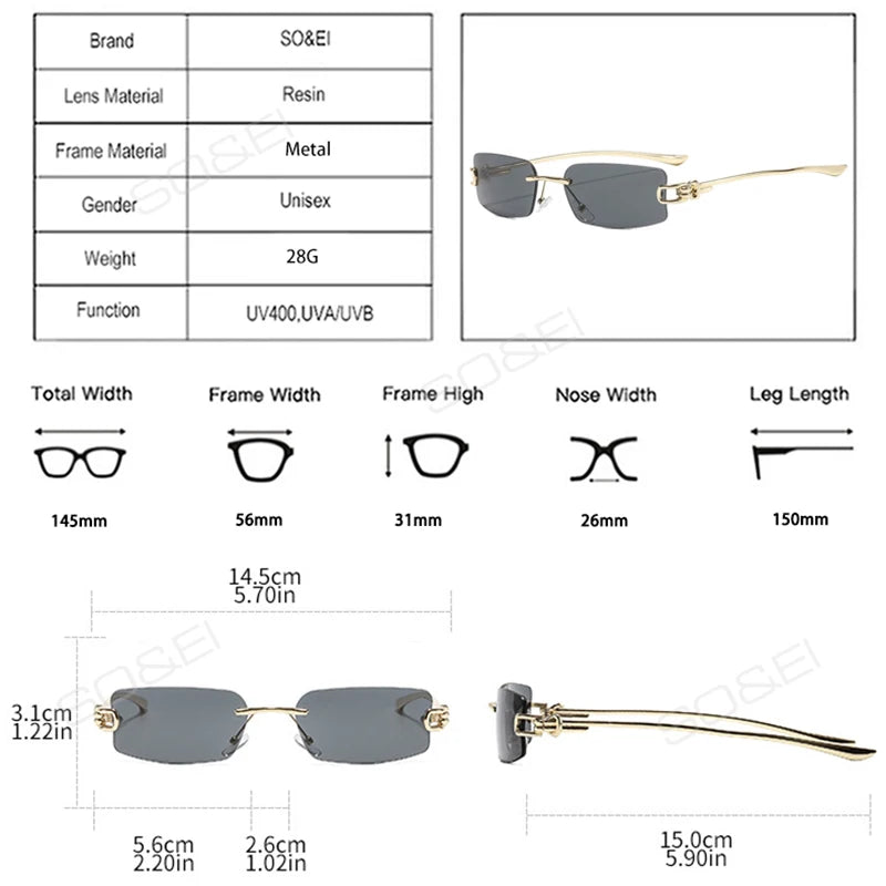 SO&EI Ins Popular Fashion Rectangle Rimless Sunglasses Women Retro Clear Ocean Lens Shades UV400 Men Trending Sun Glasses