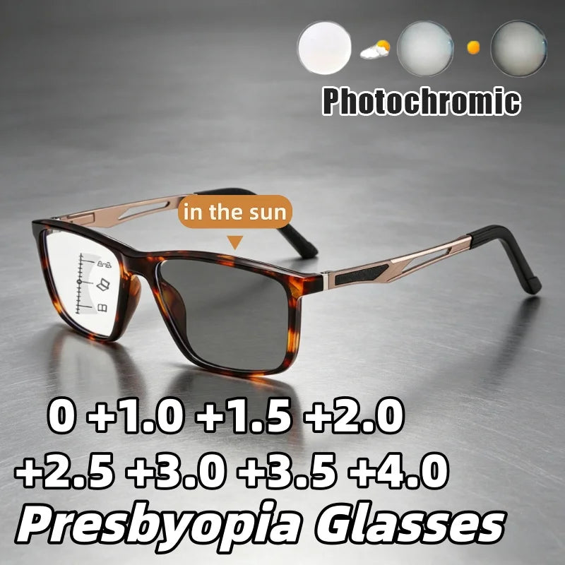 New Multifocal Photochromic Reading Glasses Unisex Ultra-Lightweight TR90 Bifocal Presbyopia Eyewear with Plus Diopter 0 To +4.0