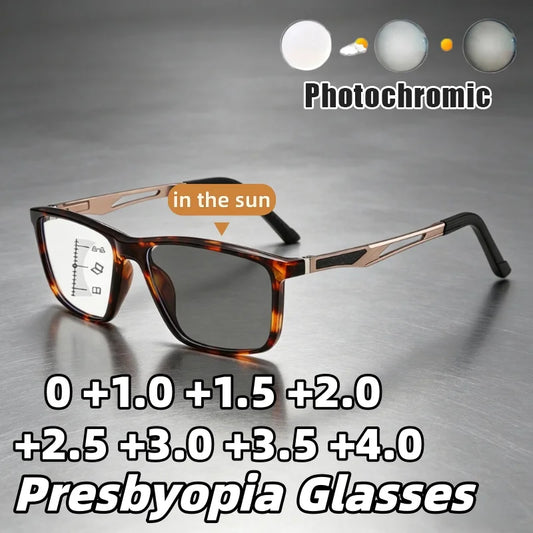 New Multifocal Photochromic Reading Glasses Unisex Ultra-Lightweight TR90 Bifocal Presbyopia Eyewear with Plus Diopter 0 To +4.0