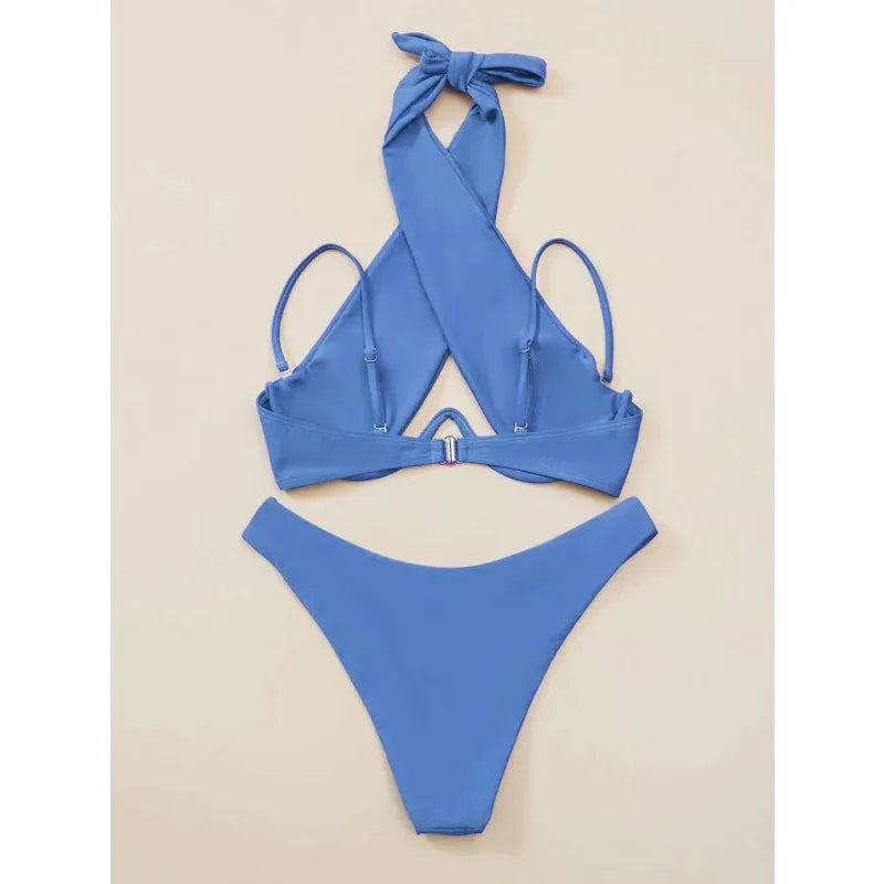 Sexy Bikini Women Cross Halter Underwire Swimsuit Split Push Up Bikini Set Female Bathers Swimming Summer Beachwear Bathing Suit