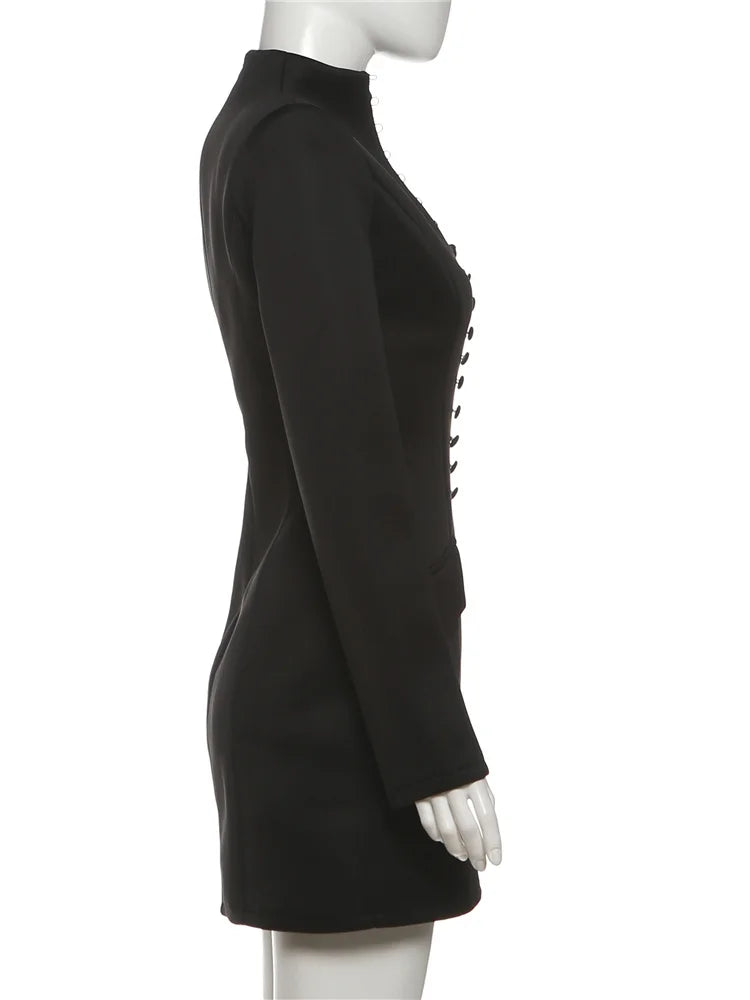 Cutenew Women Trend Elegant Office Dress Autumn Single Breasted Stand Collar Simple Solid Street Commute Skinny Suit Bodycon