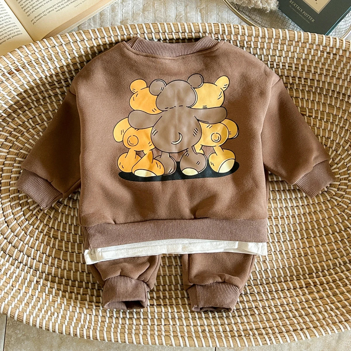 Winter Infan Baby Outfits Boy Girl Sets Velvet Cartoon Little Bear Print Cotton Long Sleeve Tops+Pants Baby  Children Clothing