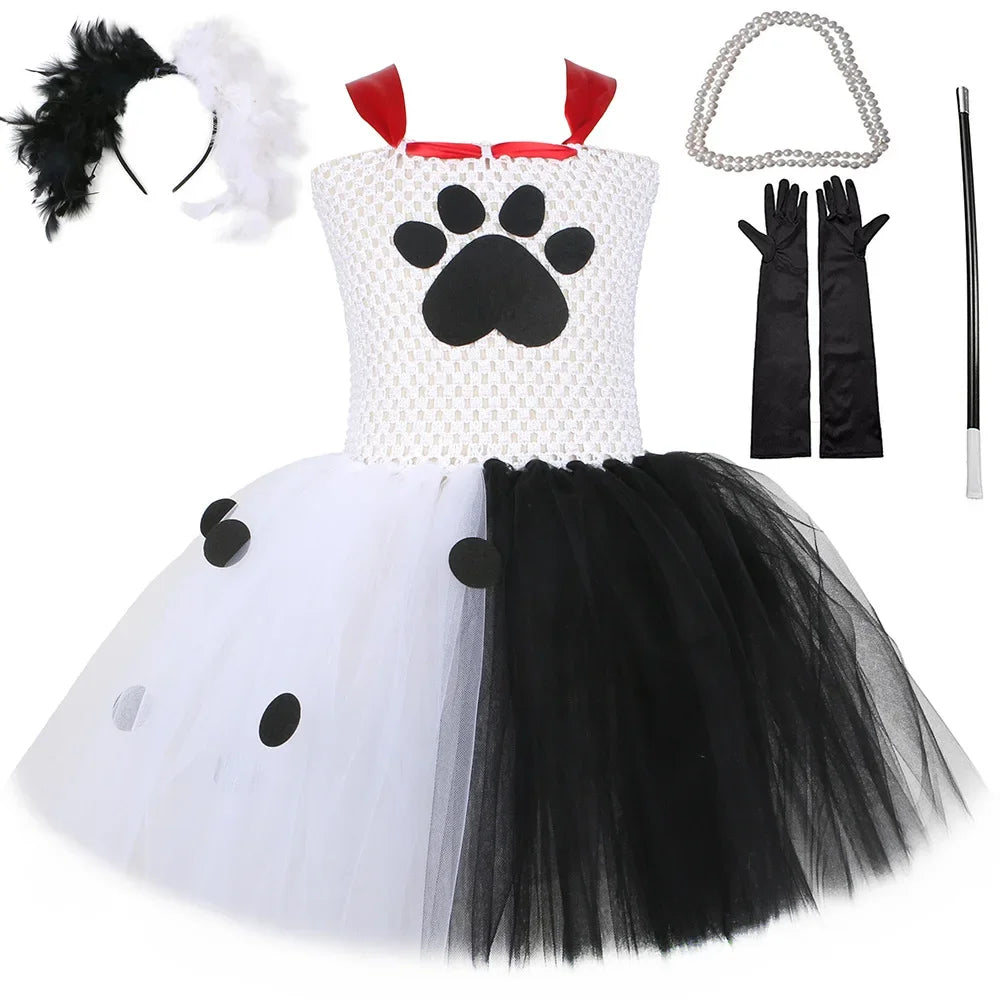 Halloween Crulla Cosplay Costume Cruella Tulle Dress Party Girls Black White Carnival Kids Cruella Wig Lace Mask Suit Clothes