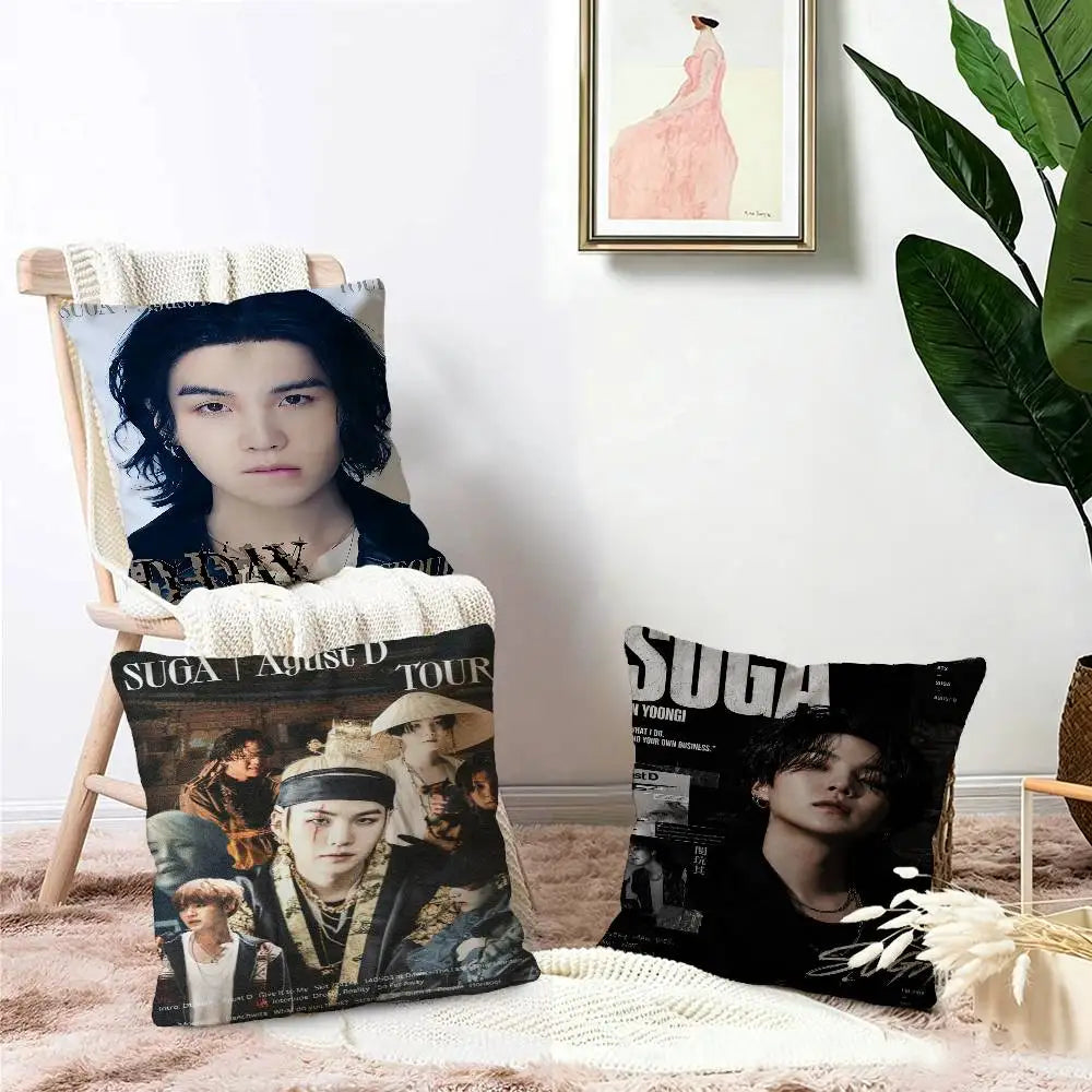 Kpop Singer S-Suga A-Agust D Office Cushion Pillowcase Car Cushion Cover45X45CM Lumbar Pillowcase Sofa Pillowcover