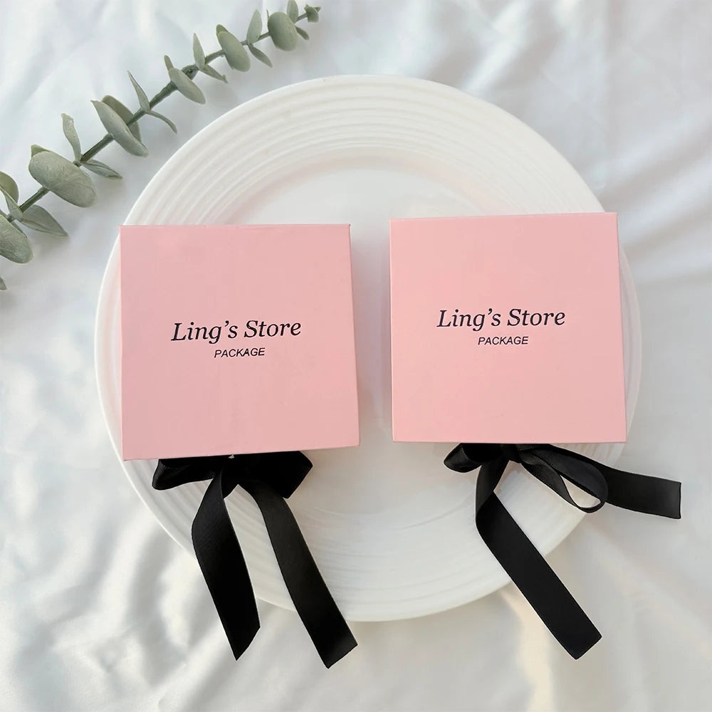 50pcs Pink Personalized Logo Jewelry Flap Bowknot Box Earrings Ring Perfume Watch USB Keychain Organizer Velvet Bag Storage Sack