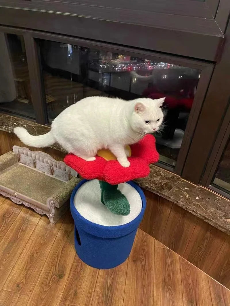 Red Flower Potted Cat Tree with Integrated Cat Bed Below Medium-Sized Cat Tree (Suitable for Cats Under 15 lbs)