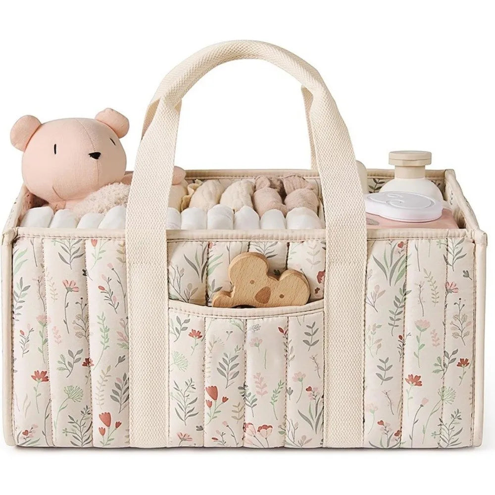 Large Capacity Baby Diaper Organizer Floral Beige Multi-Pocket Foldable Mommy Bag Multifunctional Portable Diaper Storage Bag