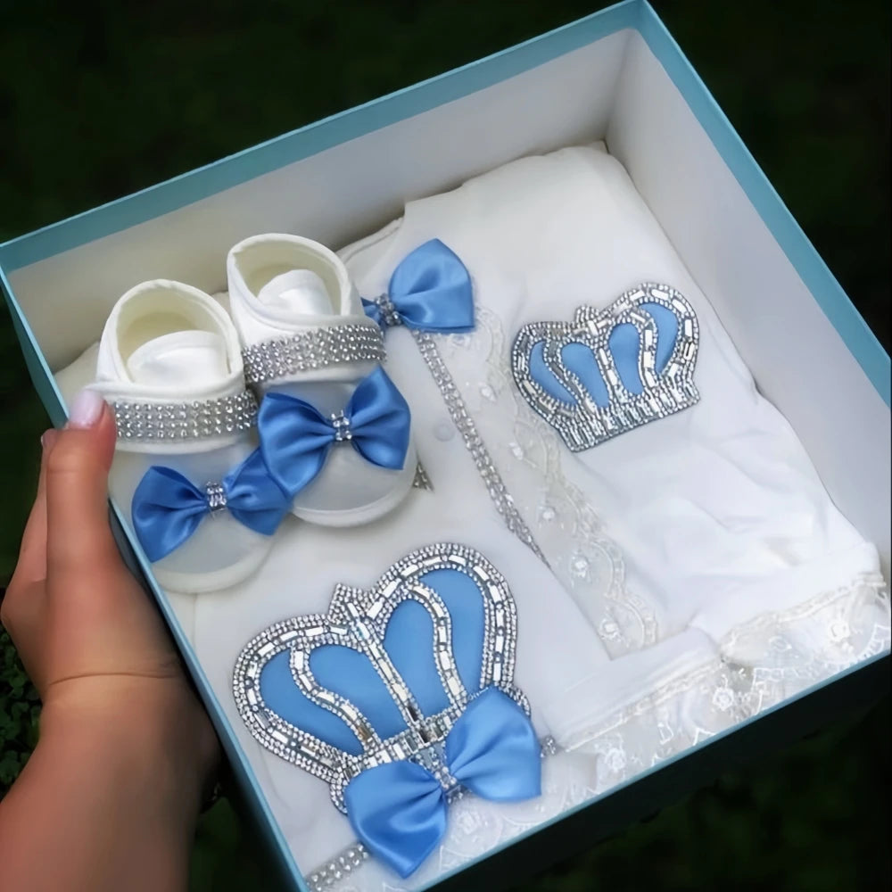 Dollbling Baptism Outfit Boy Prince Luxury Bling Christening Coming Home Romper Bonnet Set Mittens Nursery Hospital Clothing set
