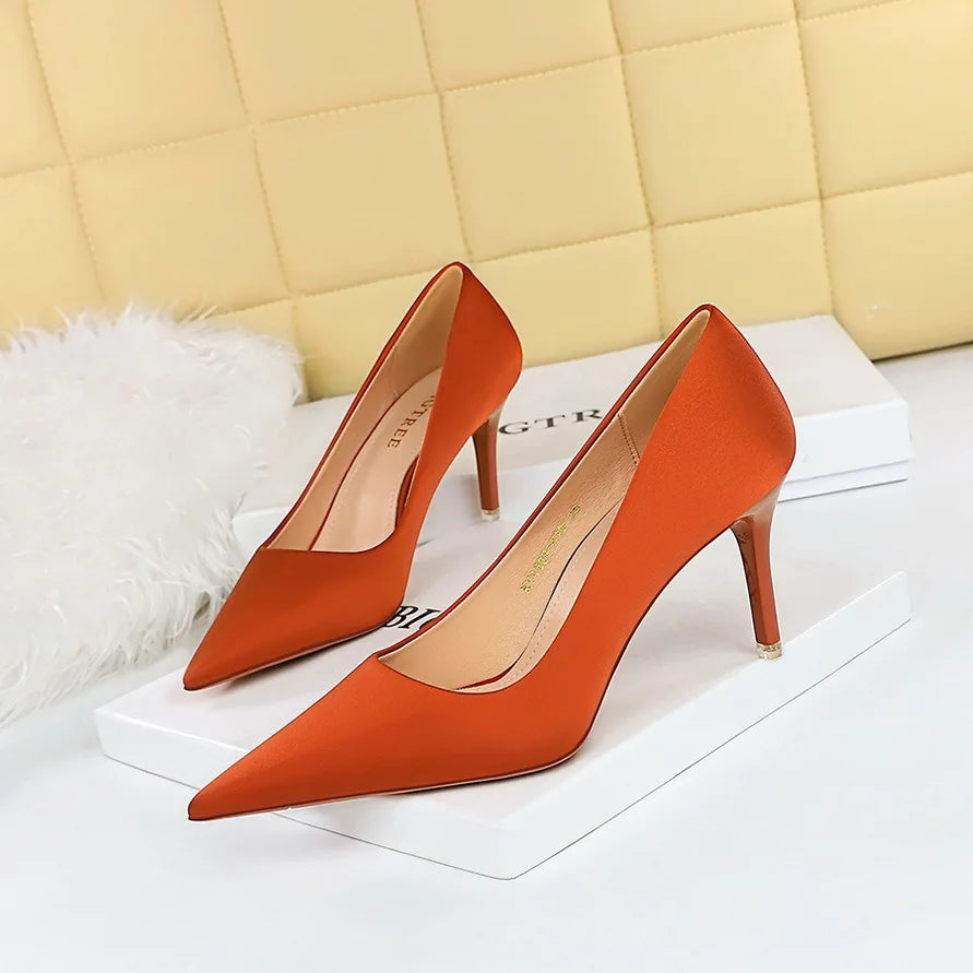 Large Size 43 Pointed Shoes Woman Pumps Professional OL High Heels Office Shoes Silks Satins Women Heels Stilettos Ladies Shoes