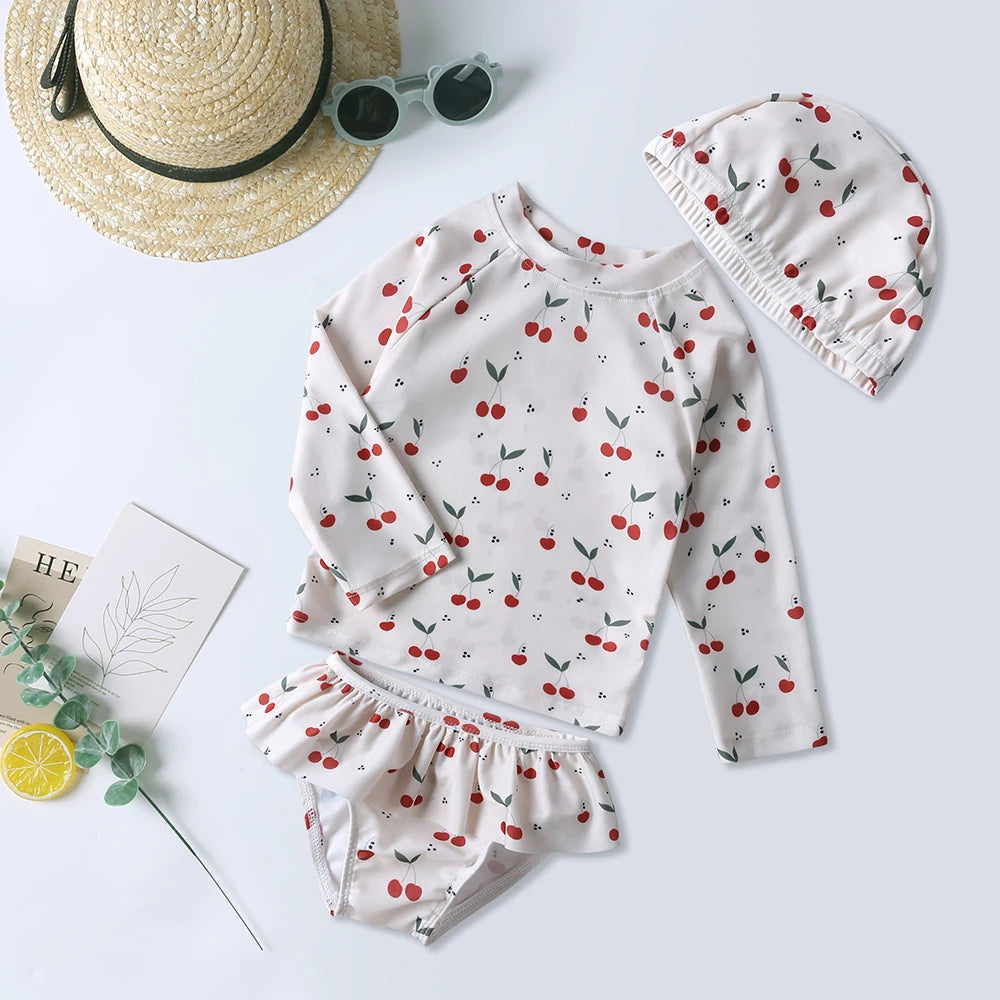 Kids Girls Swimsuit Summer Bikini Girl Swim Suit Long Sleeve Children Swimwear with Hats