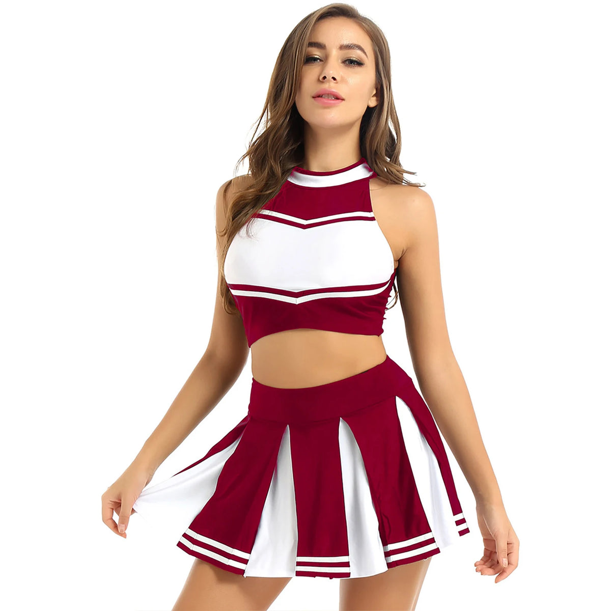 Women Cheerleading Cheerleader Costume Uniform School Girls Carnival Cosplay Outfits Stand Collar Crop Top with Mini Skirt