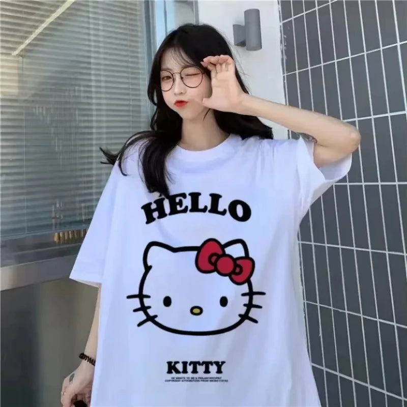 Kawaii Hello Kitty Children's Y2K Korean Cotton Tops Anime Kawaii Summer Loose Oversized Women's Couples Fashion Cotton T-shirt