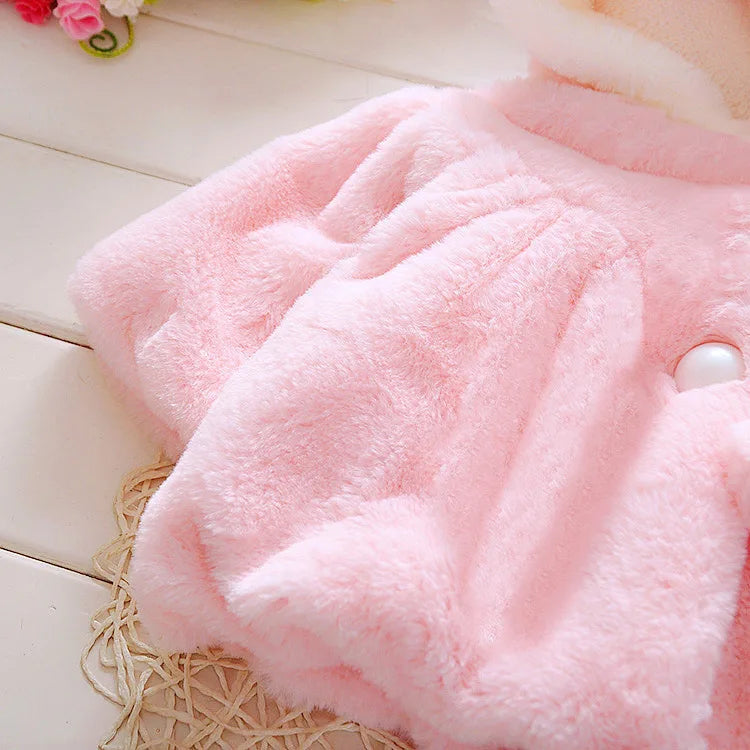 Winter Kids Jacket Newborn Girls Clothes Korean Cartoon Cute Hooded Thick Warm Fake Fur Fleece Pink Baby Tops Toddler Coat BC719