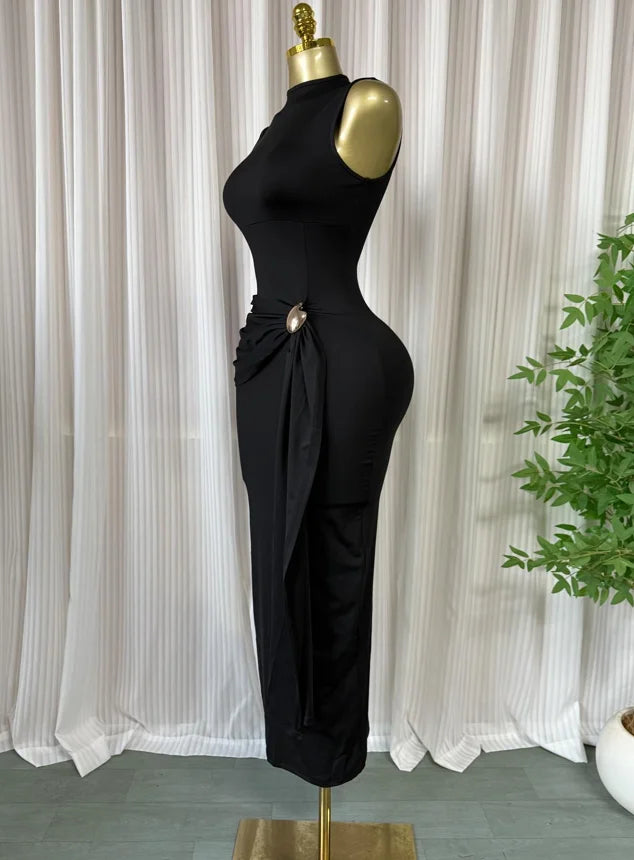 GLCMYAYA Women Sleeveless O-neck Stacked Ruched Side Up Bodycon Midi Maxi Dress 2026 Cocktail Even Birthday Party Trendy Dresses
