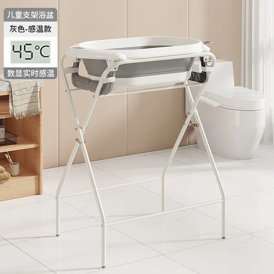 Foldable Baby Bathtub with Stand Set Newborn Bath Station No Bend Heightened Rack Infant Bath Tub with Drying Clothes Stand