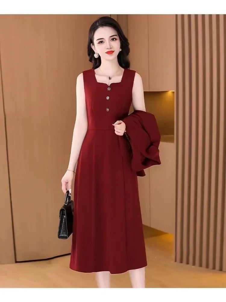 Elegant Slimming Autumn Winter Wedding Dress Set Long Ankle Length Cocktail Dresses with Suit Jacket for Wedding Banquet