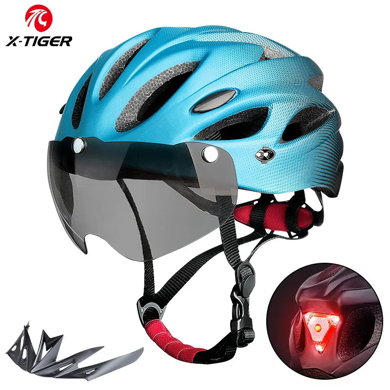 X-TIGER Adult Bike Helmet with LED Rear Light Dual Mode Goggle Cycling Helmet Fit 58-62cm Lightweight Breathable Bicycle Helmets