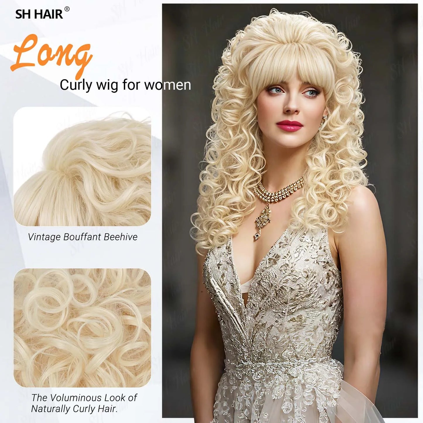 Synthetic 80s Vintage Big Beehive Wig for Women Retro Curly Wig with Bangs for 60s 70s Cosplay Halloween Party,Dolly Costume Wig