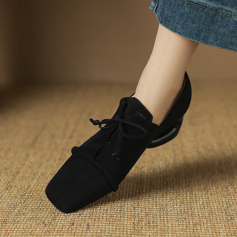 2025 New Women Pumps Sheep Suede Leather Shoes for Square Toe Low Heel Shoes Casual Lace-up Handmade Shoes 34-42 Women Heels