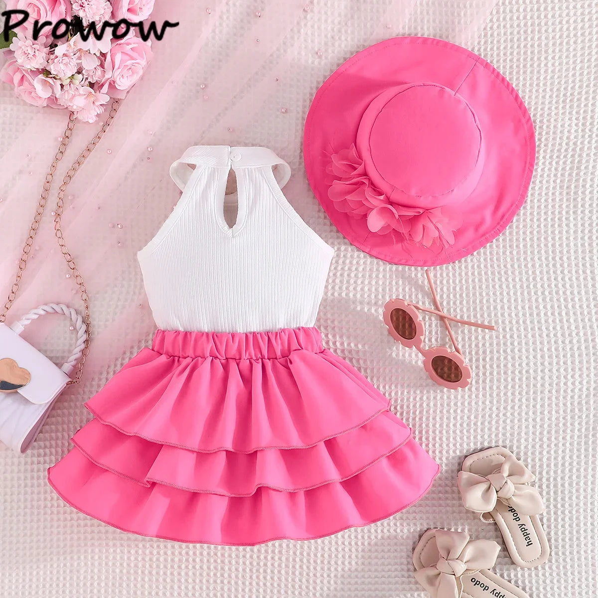 Toddler Girl Outfit Sets Sleeveless Turtleneck Fixed Flower T-shirt+Layered Skirt+Sun Hat Summer 3pcs Sets For Baby Girl Clothes