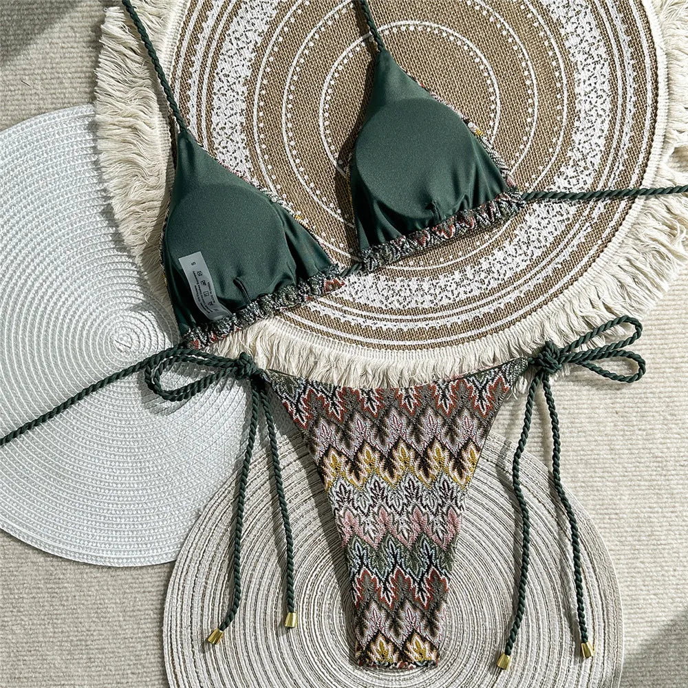 Sexy Halter String Triangle Bikinis Sets Micro Thong Swimsuit Women 2026 Vintage Geometric Swimwear Bathing Suti Bikini Mujer