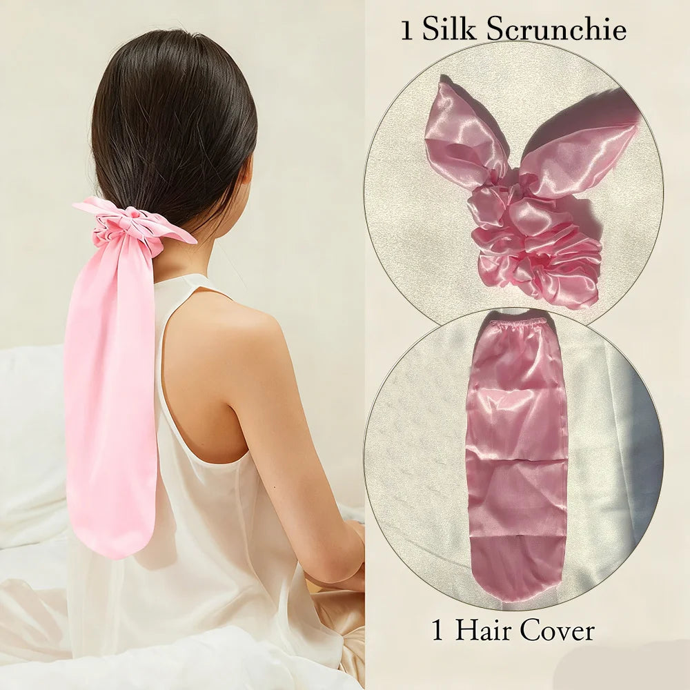 1 Silk Scrunchie+1 Hair Cover Satin, Sleep Cap for Women & Men - Reversible Breathable Hair Protector with Bow Design, Soft Long