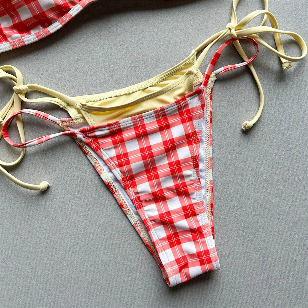 Sexy Polka Dot Plaid Halter Bikini Female Swimsuit Women Swimwear Two-Pieces Bikini Set Splicing Bather Bathing Suit Swim V8027