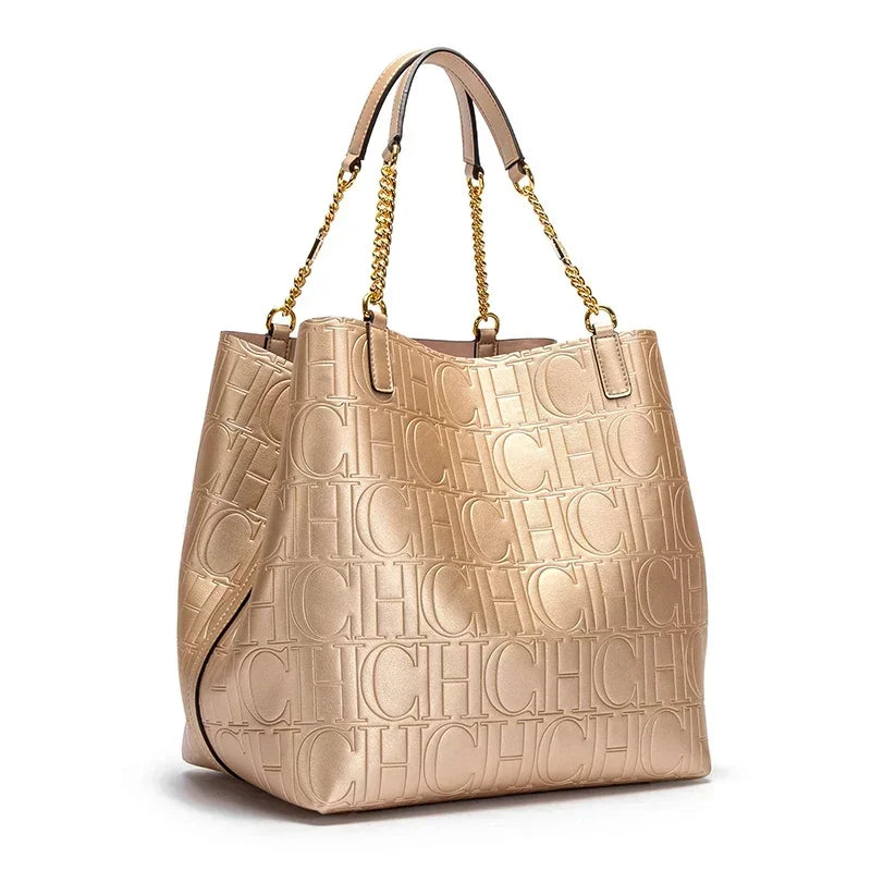 CH Tote Bag For Women Luxury Designer Handbag Fashion Embossed Leather Shoulder Bag Elegant Gold Chain Tote Bag For Daily Use