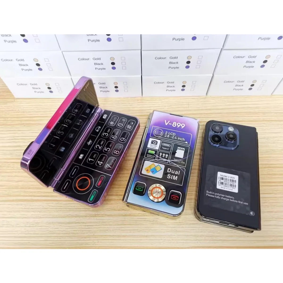 V-899 Bluetooth Folding 2G Cellphone 2.8``2.4``Dual Screen Display MTK6261A 32MB RAM 64MB ROM Dual SIM 3.0MP Type-C Torch Phone