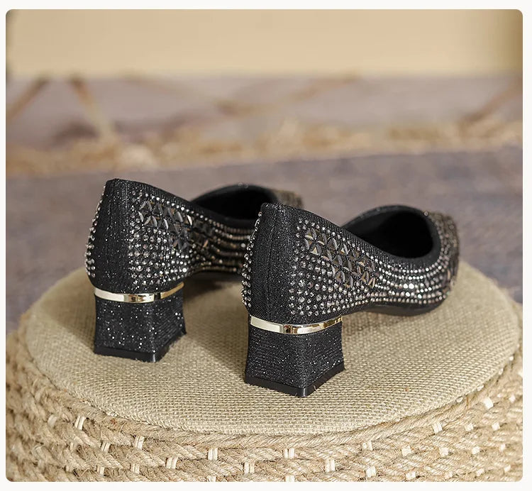 Sequines Cloth Gold rivets pumps women pointed toe glitter med-high heels shoes metal heeled female tacones elegant OL shoes