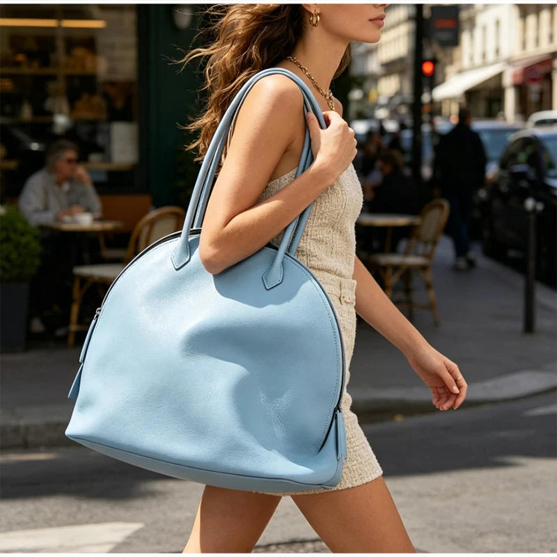 Fashion Luxury Seashell Shoulder Bag Korean Style Solid Color Minimalist Handbag Zippered Large Capacity Soft Leather Tote Bag