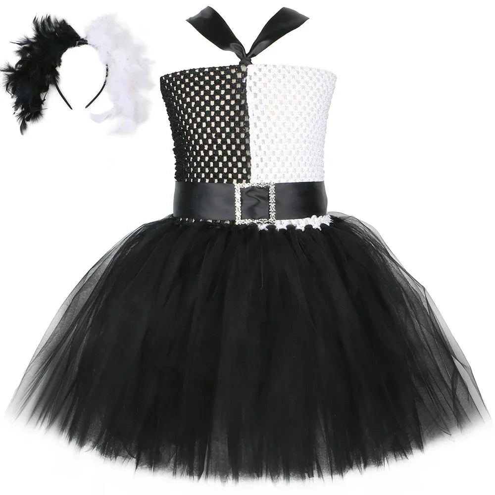 Halloween Crulla Cosplay Costume Cruella Tulle Dress Party Girls Black White Carnival Kids Cruella Wig Lace Mask Suit Clothes