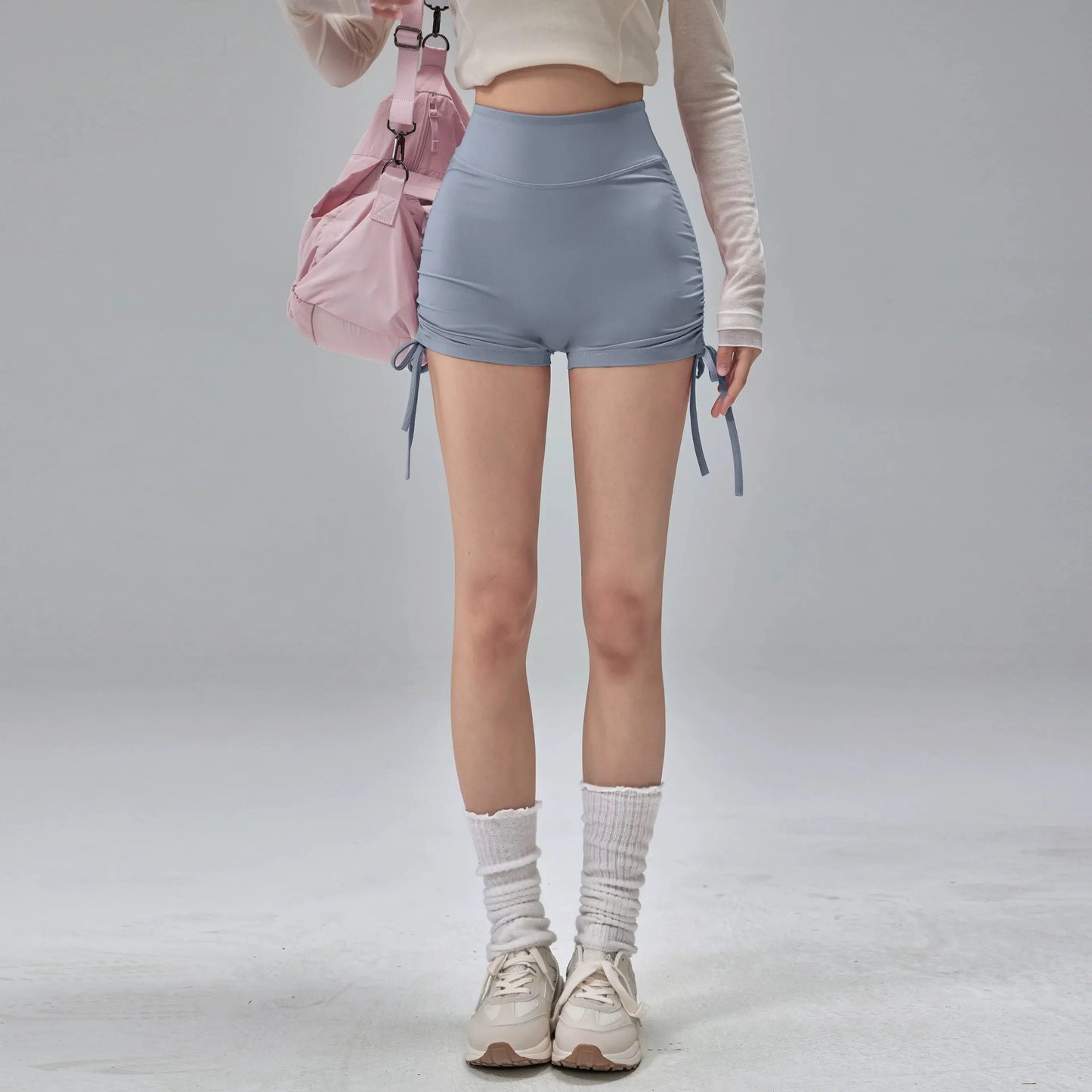 High Waisted Sports Shorts, Summer Fitness Shorts, Drawstring Straps, Quick Drying Running and Dancing Three Quarter Pants, Wome