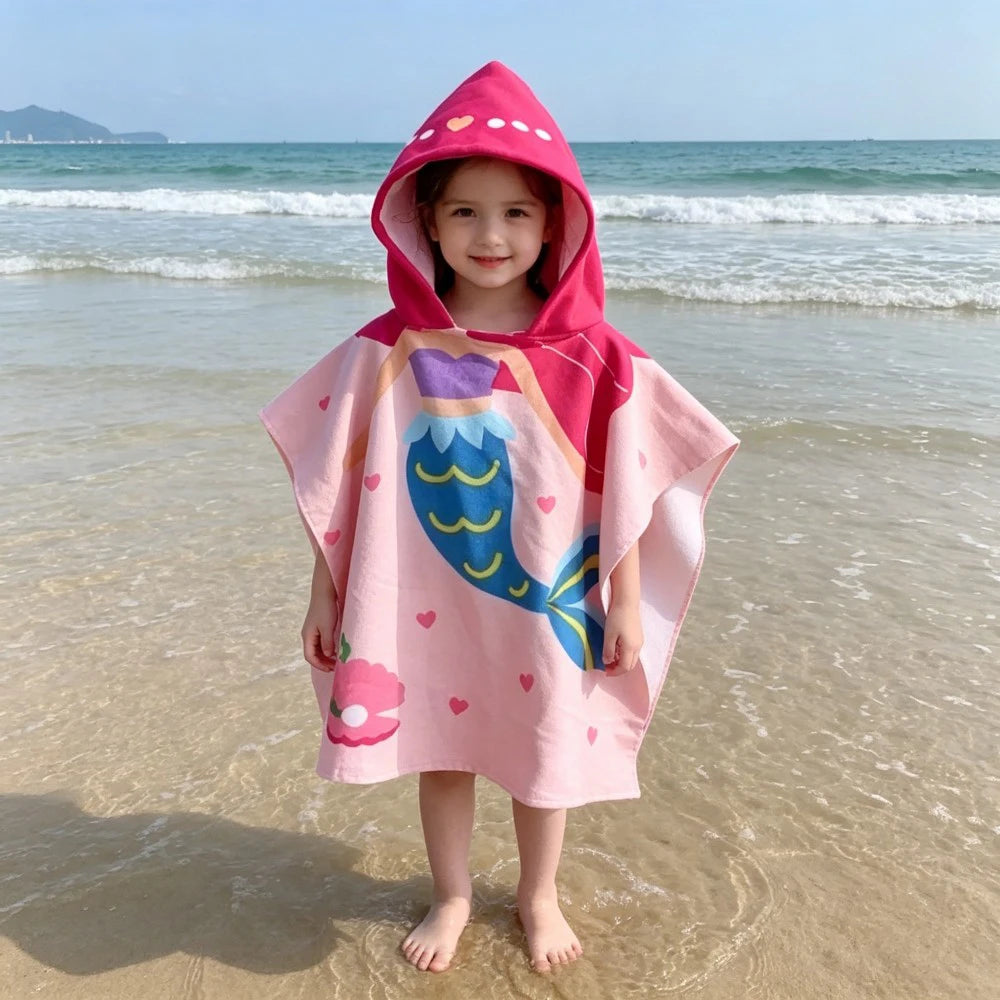 60-120cm Kids Hooded Bath Beach Poncho Towels Baby Quick Dry Bathrobe Child Cartoon Cloak Poncho Towels Microfiber Swim Cover-up