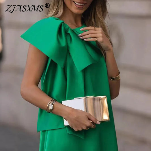 Sexy Sleeveless O Neck Holiday Long Dress Woman Summer Solid Bowknot Hollow Office Lady Dress New Casual Loose A-Line Boho Dress