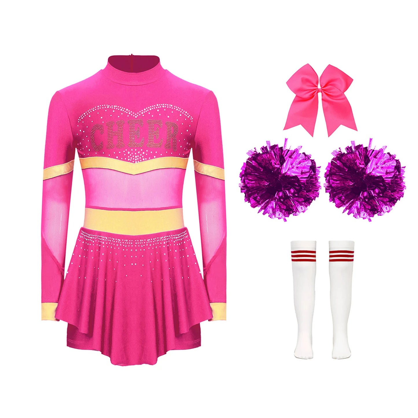 Girls Cheerleader Costume Long Sleeve Cheerleading Uniform Children Cheer Dance Dress Hand Flower Socks Stage Dancewear Sets