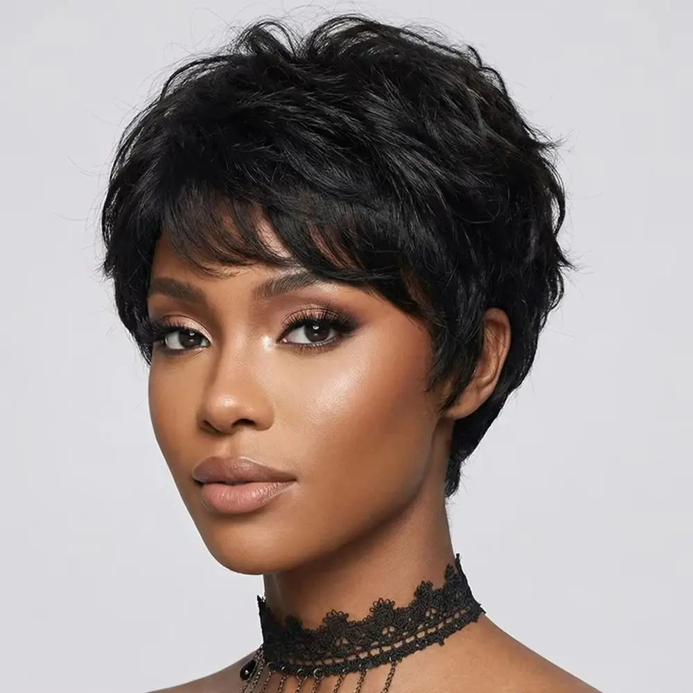 Short Pixie Cut Wig Black Real 100% Human Hair Wigs for Black Women Textured Layered Side Bang Natural Hairline Daily Work Styl