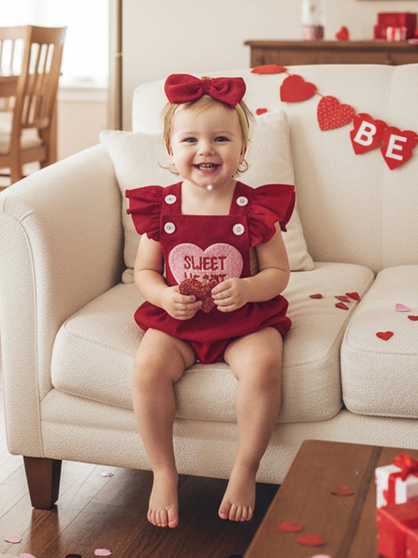 Baby Girl Valentines Outfit Letter Love Heart Embroidered Ruffled Trim Flying Sleeve Romper and Bow Headband 2 Pcs Set