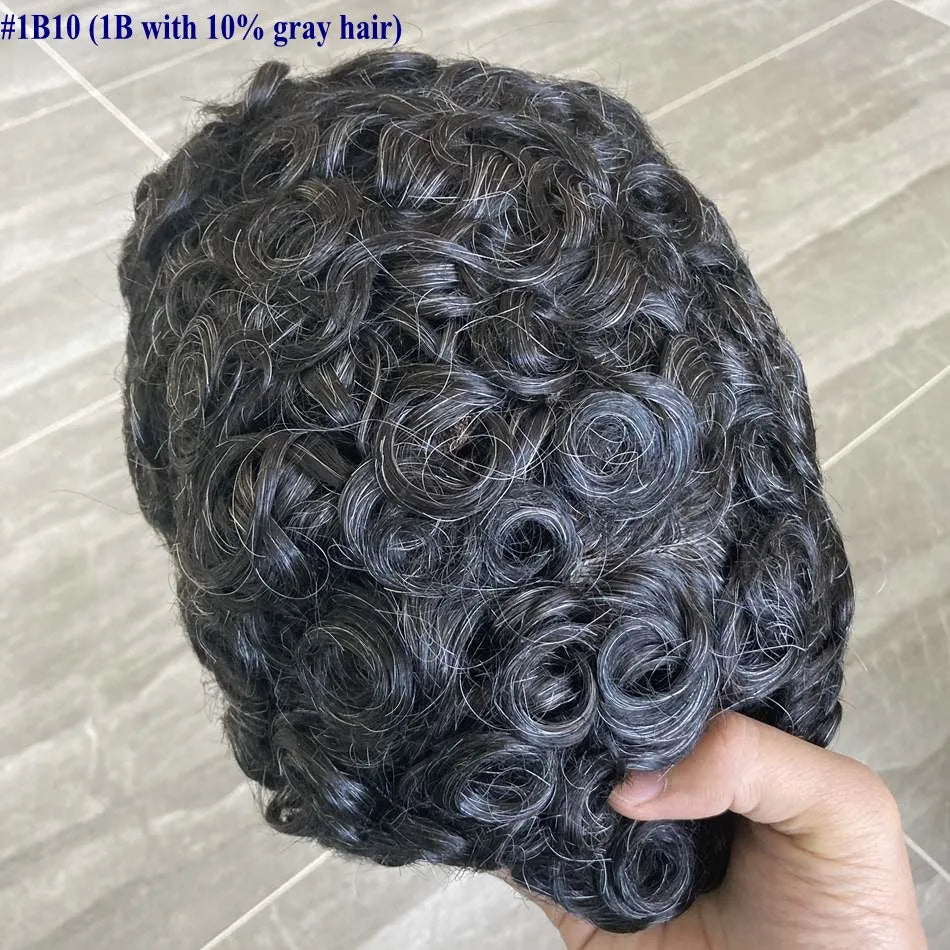 100% Human Hair Man 25mm Loose Curly Hair Replacement System Durable Skin Base Brown Gray Blonde #4 1B65 Prosthesis Hairpieces